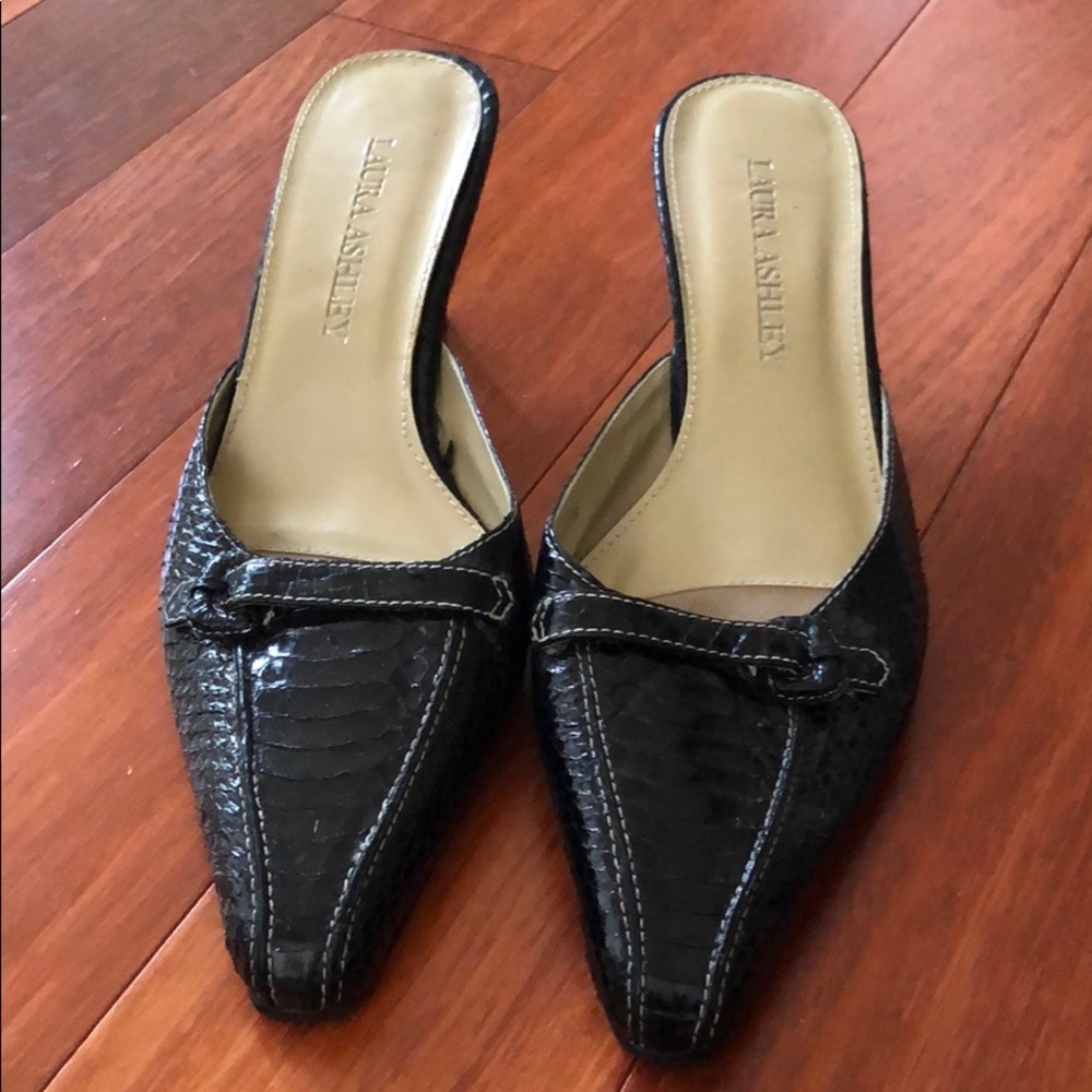 Black snake skin mules